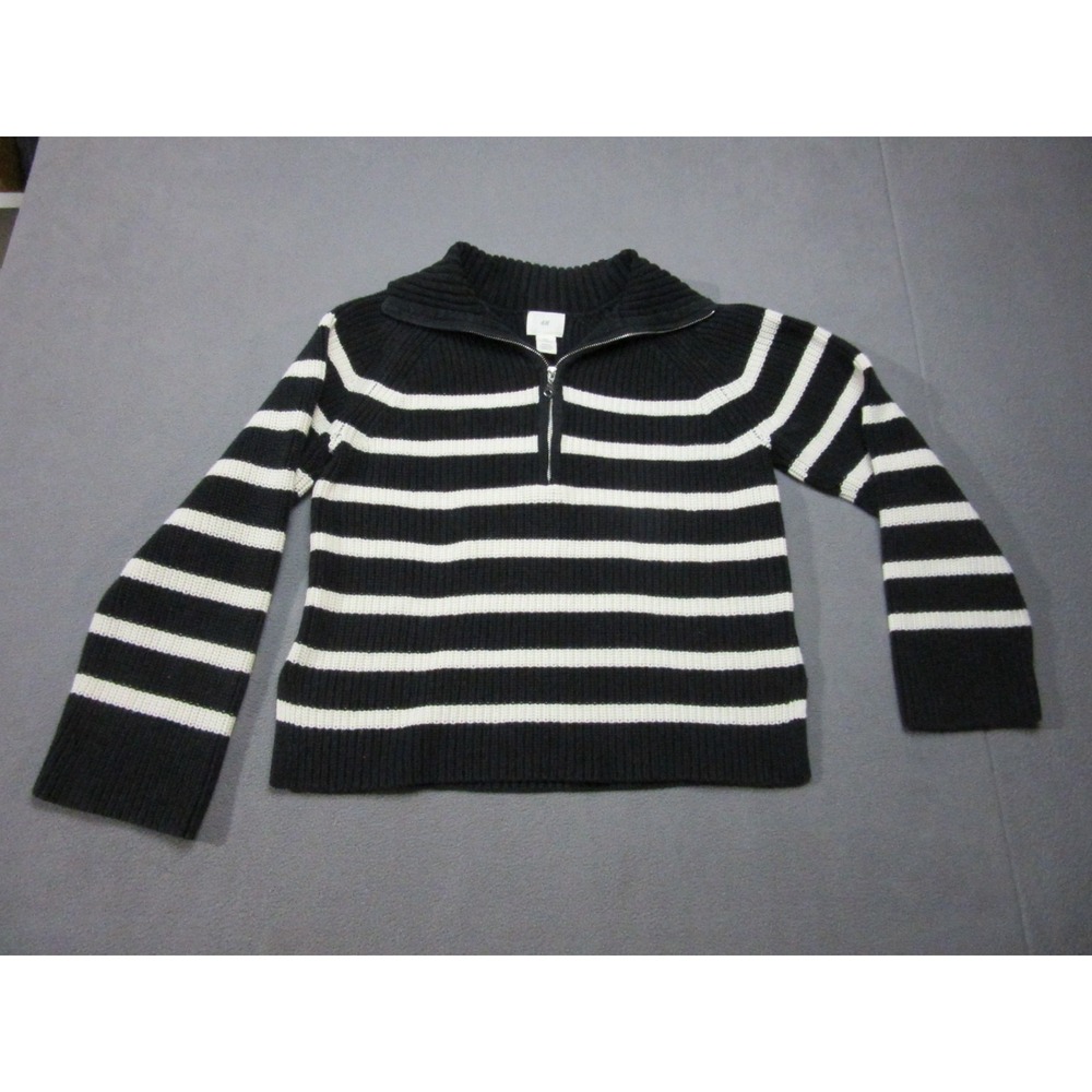 H&M Sweater Womens Small Black White Striped Ribbed Knit Long Sleeve Quarter Zip